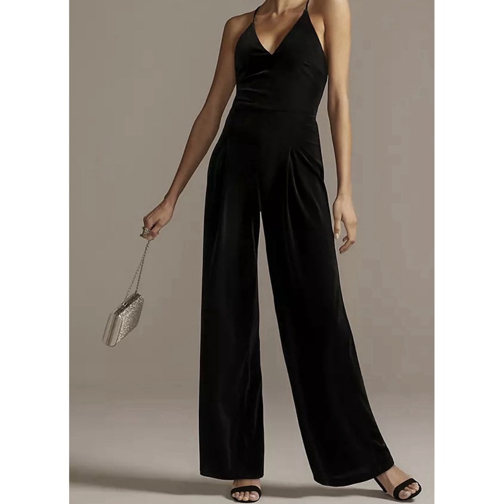 DB Studio Jumpsuit Plus Size 14 Black Velvet Belted Wide Leg David's Bridal $160